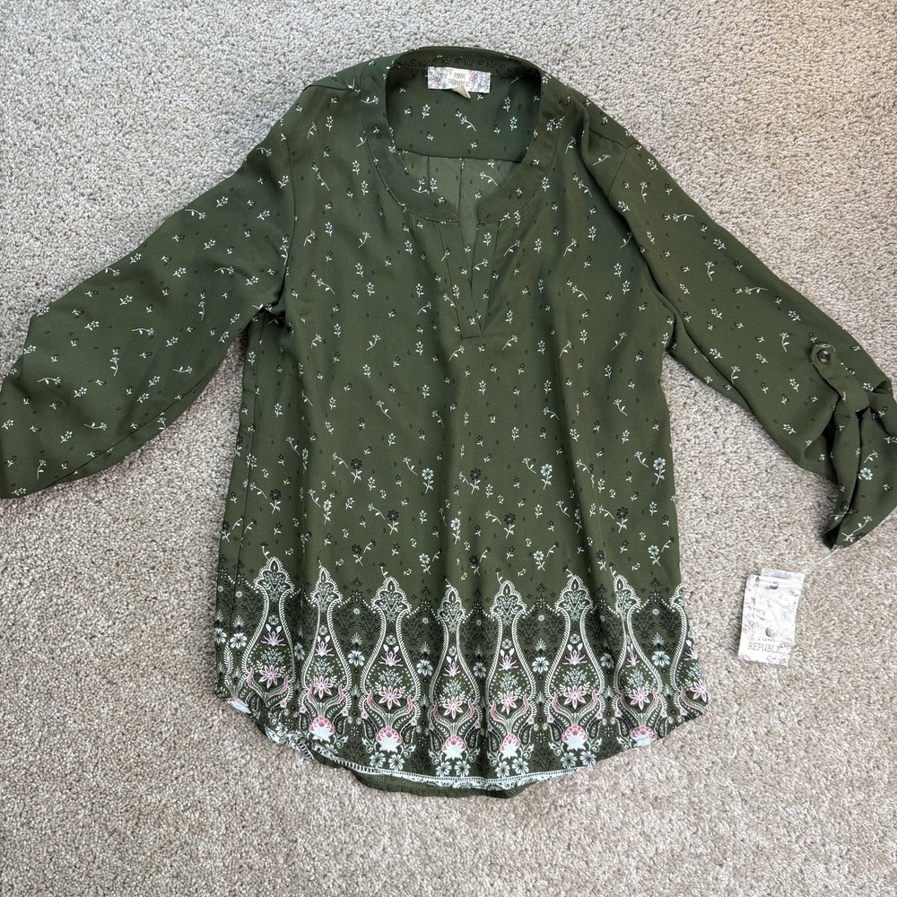 Pink Republic Tunic Blouse Juniors S Green Olive Border Floral Roll Tab Sleeve